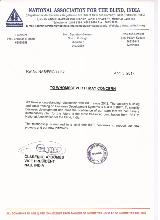 Appreciation by National Association for the Blind, India